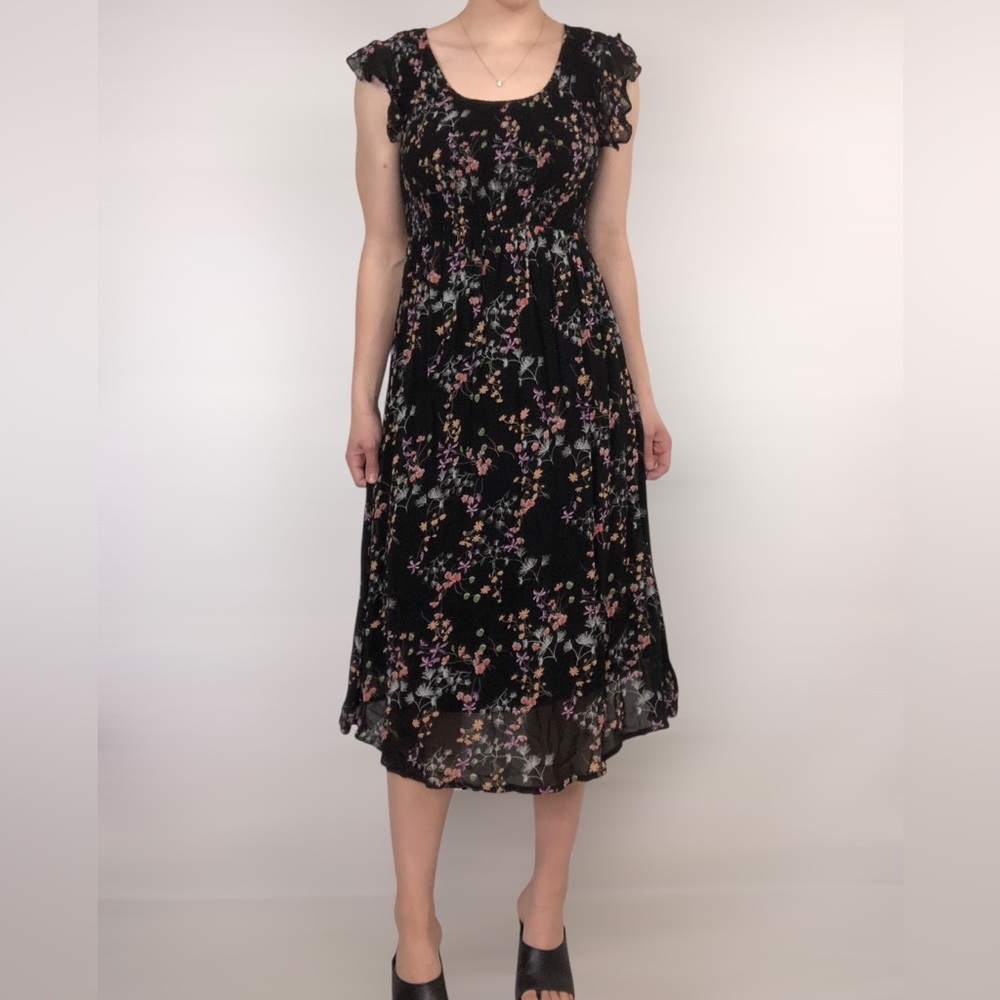 Ripe Maternity Millie‎ Floral Ruffle Button Back Midi Dress Black Size S